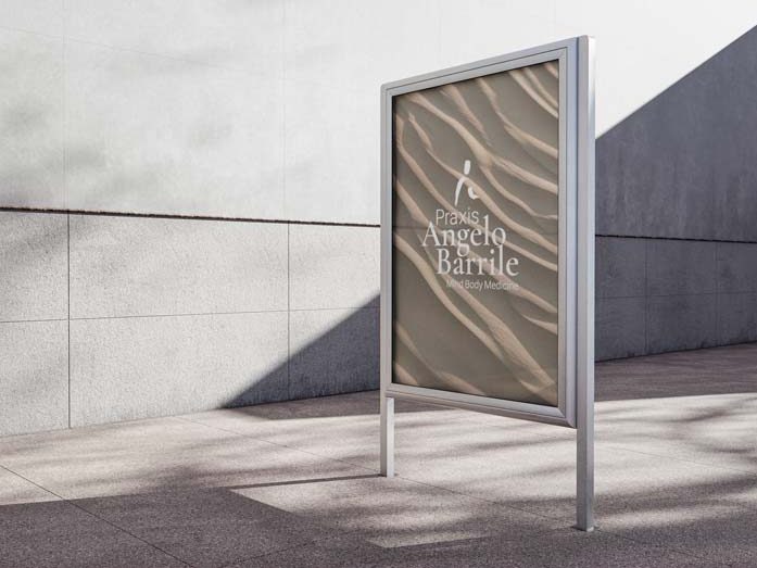 Minimalist city poster mockup for Praxis Angelo Barrile, designed in Swiss style by Nicole Weber Designs — clean, urban medical branding.