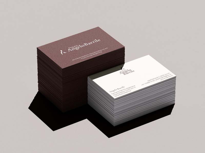 Refined business card mockup for Praxis Angelo Barrile, designed by Nicole Weber Designs with a minimalist Swiss aesthetic and natural elegance.