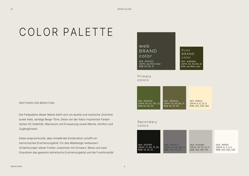Color palette section from Praxis Ganzheit brand book featuring calming tones for holistic practice