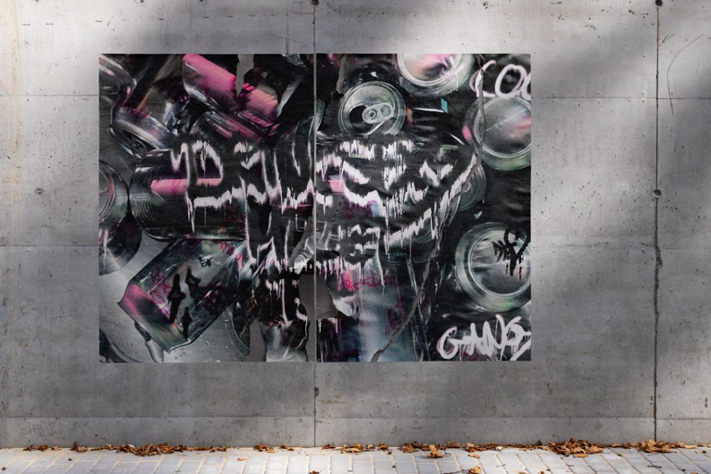 Poster Mockup of crushed Mullet Tea cans from DS x Mullet Tea launch party