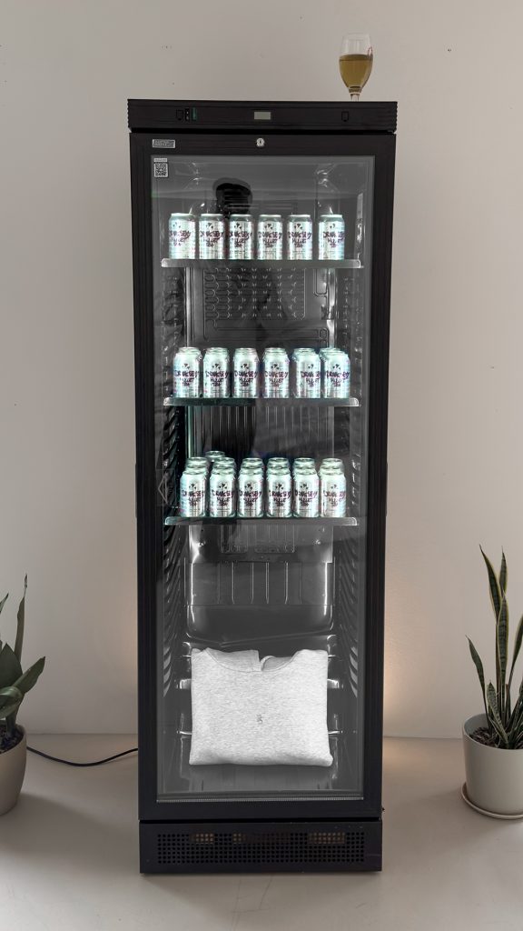 Fridge display filled with Mullet Tea cans at the DS x Mullet Tea launch event