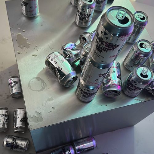 Art installation of crushed Mullet Tea cans from DS x Mullet Tea launch party